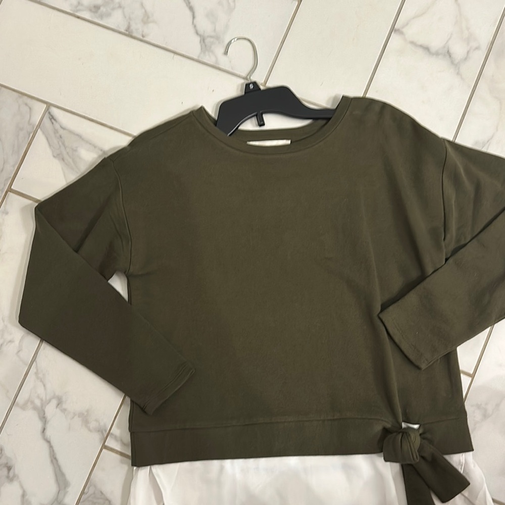 Loft Olive Green Long Sleeve Top with Tie Detail